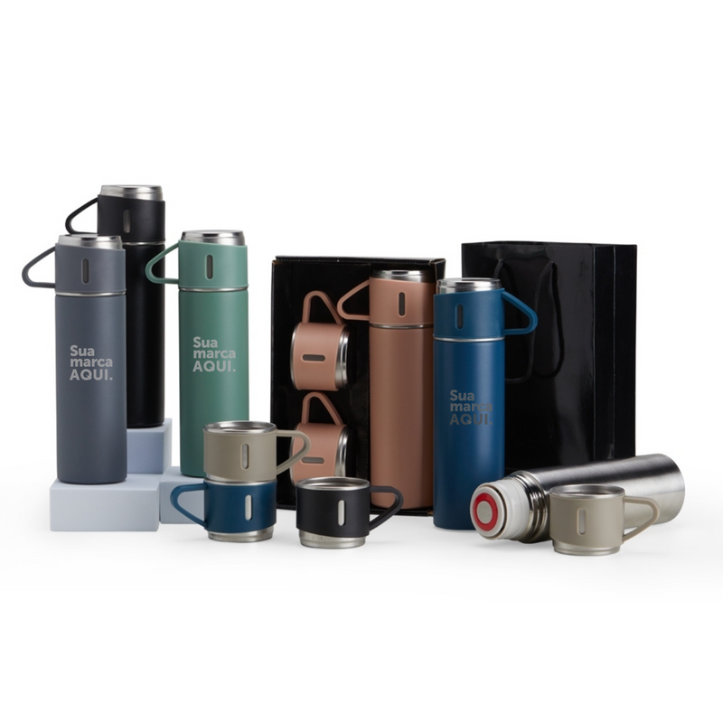 KIT GARRAFA + 3 XÍCARAS TÉRMICAS 460ML